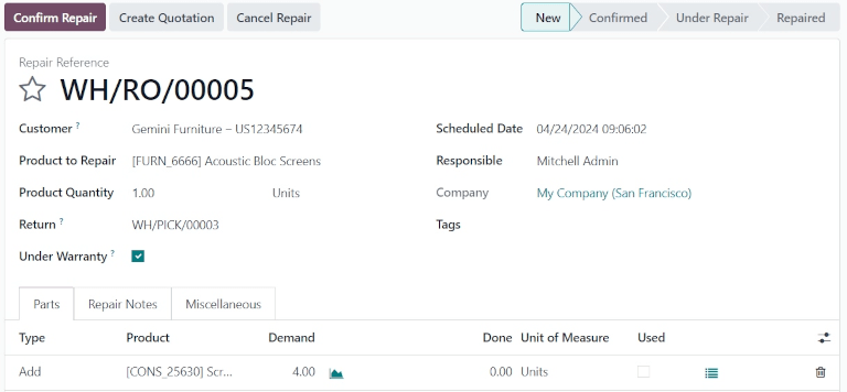 Repair order with parts in Odoo Repairs