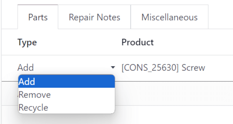 Add, remove or recycle parts on a repair order
