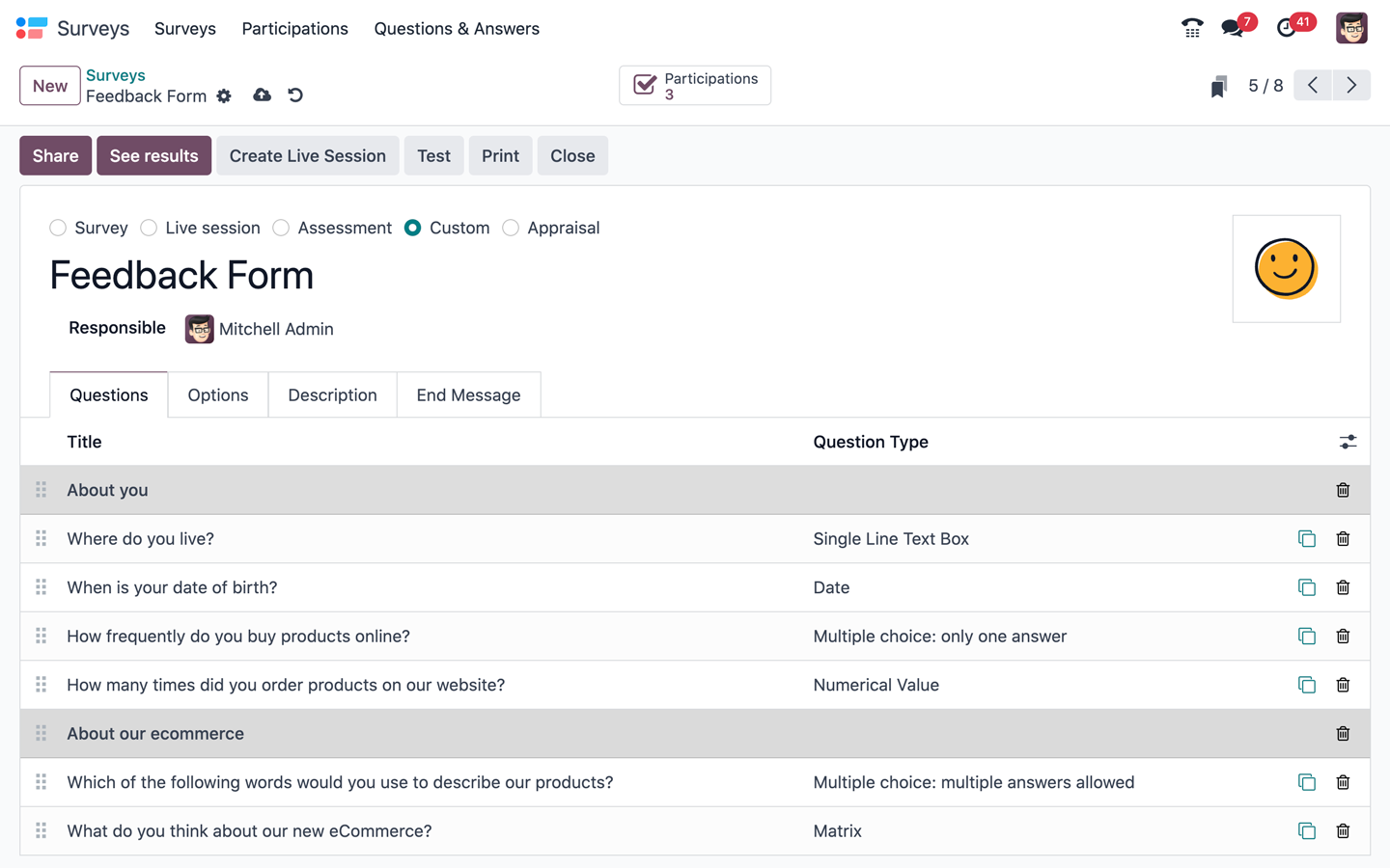 Feedback form in the Odoo Surveys builder