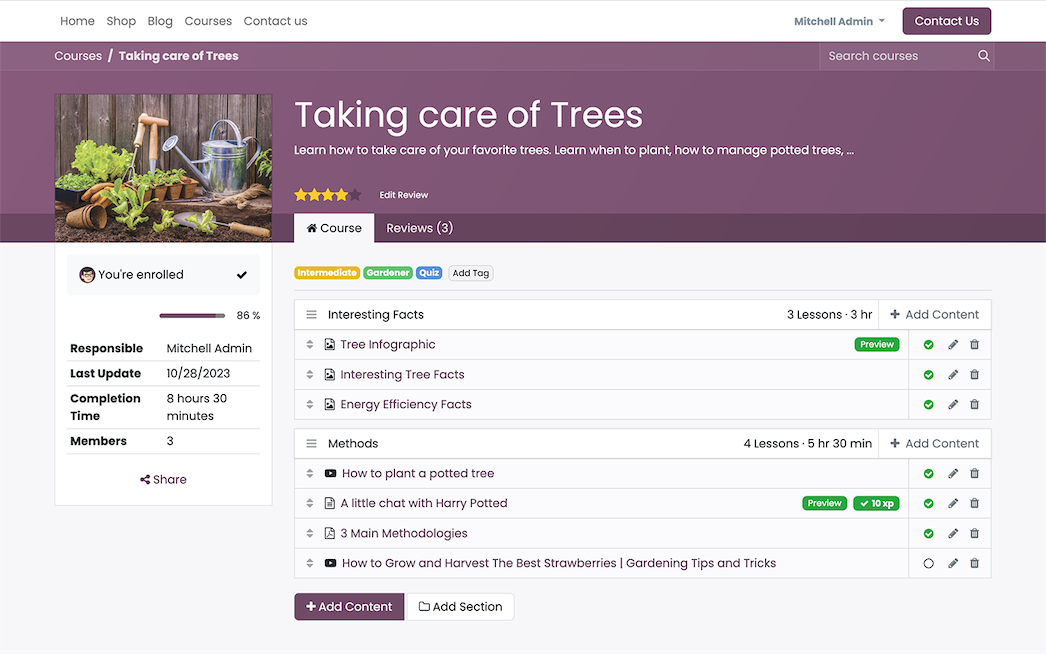 Course page on a website built with Odoo eLearning
