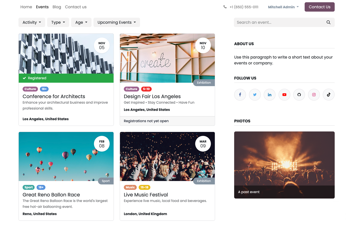 Event listing on a website built with Odoo Events