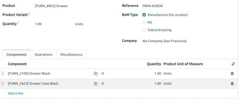 Bill of materials with its components