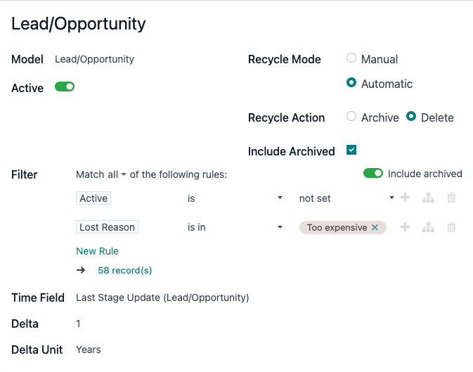 Recycle rule for outdated leads in Odoo Data Recycle